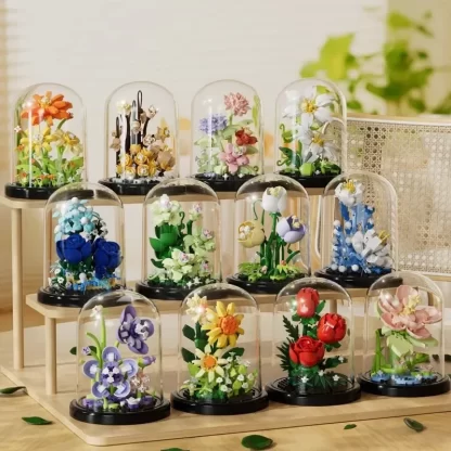 Flower Bouquet Bonsai Building Blocks Artificial Plastic Plant Dust Cover Micro Model Home Decoration Toy For Kid Birthday Gift - Image 2