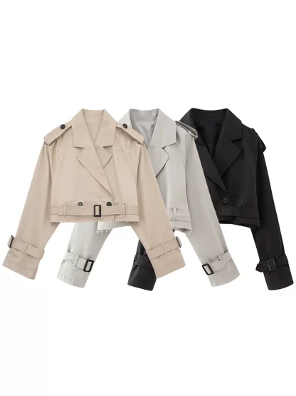 Willshela Women Fashion With Belt Cropped Trench Jacket Vintage Notched Neck Long Sleeve Female Chic Lady Coat Outfits