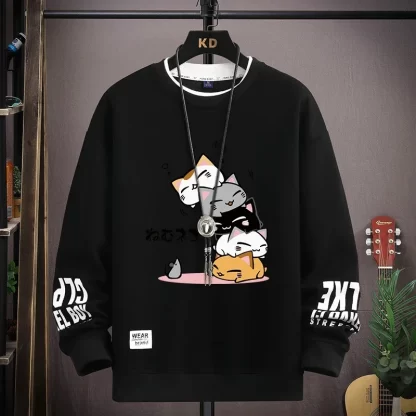 Spring Men's Sweatshirt Japan Cartoon Cats Printed Long Sleeve T-shirt Fashion Men's Clothing Khaki O Neck Harajuku Top 2024 New - Image 4