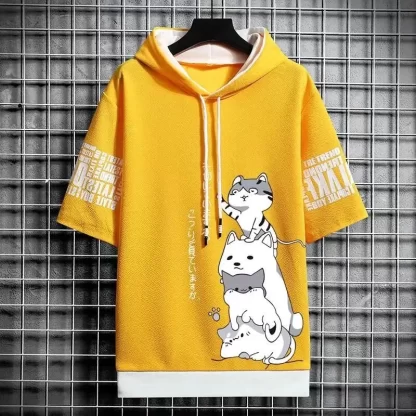 Japan Fashion Men's Hoodies Summer Men Clothing Cartoon Casual Harajuku Streetwear Print Hooded Top Short Sleeve Sweatshirts Men - Image 2