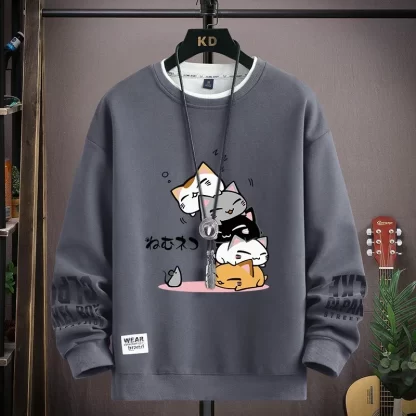 Spring Men's Sweatshirt Japan Cartoon Cats Printed Long Sleeve T-shirt Fashion Men's Clothing Khaki O Neck Harajuku Top 2024 New - Image 5