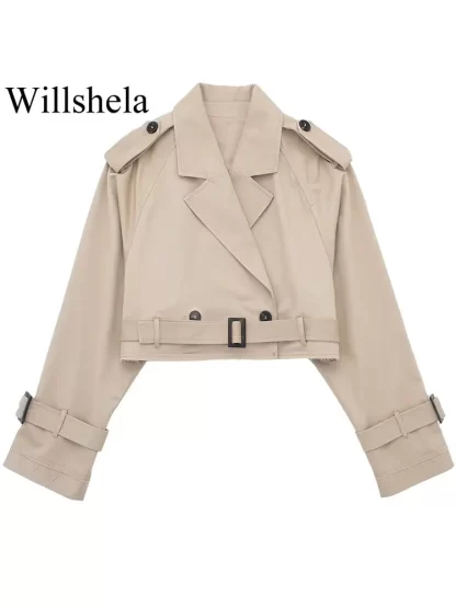 Willshela Women Fashion With Belt Cropped Trench Jacket Vintage Notched Neck Long Sleeve Female Chic Lady Coat Outfits - Image 2