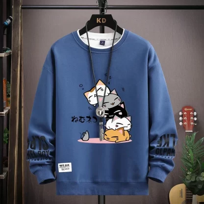 Spring Men's Sweatshirt Japan Cartoon Cats Printed Long Sleeve T-shirt Fashion Men's Clothing Khaki O Neck Harajuku Top 2024 New - Image 3