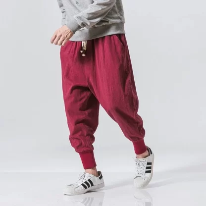 Cotton Linen Harem Pants Men Solid Elastic Waist Streetwear Joggers New Baggy Drop-crotch Pants Casual Trousers Men - Image 3