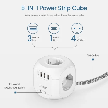 LENCENT EU Plug Power Strip with 4 AC Outlets 3 USB Port 1 Type C 2M/3M Braided Cable Multi Socket with Switch for Home - Image 2