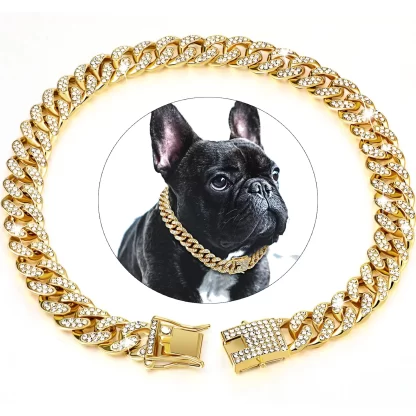 Pet Dog Chain Cuban Collar and Design Safety Buckle Metal Cuban Artificial Diamond Dog Collar Necklace