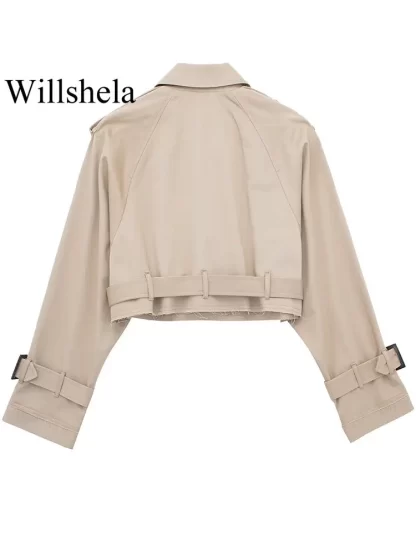 Willshela Women Fashion With Belt Cropped Trench Jacket Vintage Notched Neck Long Sleeve Female Chic Lady Coat Outfits - Image 3