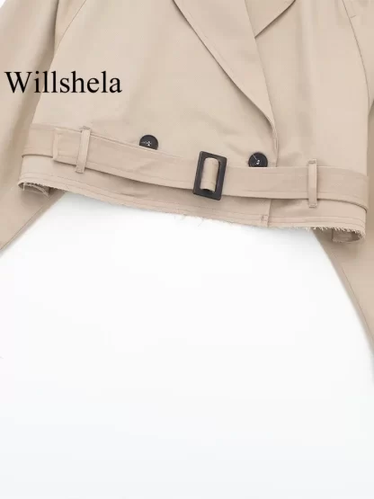 Willshela Women Fashion With Belt Cropped Trench Jacket Vintage Notched Neck Long Sleeve Female Chic Lady Coat Outfits - Image 5