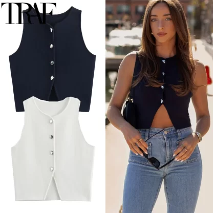 TRAF 2024 Knit Vest For Women Sleeveless Cropped Woman White Vest Fall Asymmetrical Slim Sweater Vests Blue Knitted Short Vest