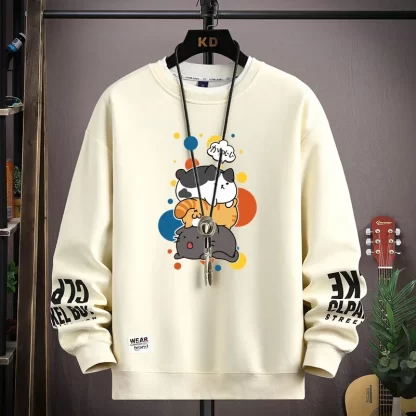 Spring Men's Sweatshirt Japan Cartoon Cats Printed Long Sleeve T-shirt Fashion Men's Clothing Khaki O Neck Harajuku Top 2024 New - Image 6