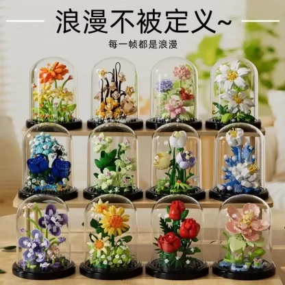 Flower Bouquet Bonsai Building Blocks Artificial Plastic Plant Dust Cover Micro Model Home Decoration Toy For Kid Birthday Gift - Image 4