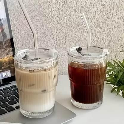 1/2PCS 450ml Stripe Glass Cup Transparent Glasses with Lid and Straw Ice Coffee Mug Tea Cup Juice Glass Milk Water Cup Drinkware - Image 3