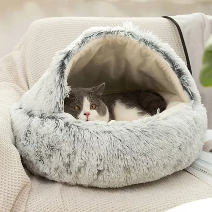 Cat Bed Round Plush Fluffy Hooded Cat Bed Cave, Cozy for Indoor Cats or Small Dog beds, Doughnut Calm Anti-nxiety Dog Bed - Image 2