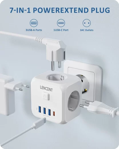 LENCENT Wall Socket Extender with 3 AC Outlets 3 USB Ports And1 Type C 7-in-1 EU Plug Charger On/Off Switch for Home - Image 2