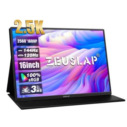 ZEUSLAP 16" 2.5K 144hz Portable Monitor 2560*1600 16:10 100%sRGB 500Cd/m² Travel Gaming Display for Laptop Switch ps4 ps5 Xbox