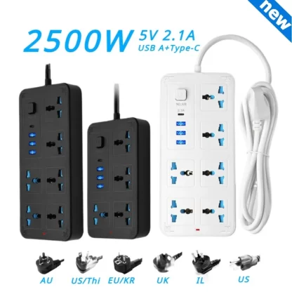 Universal Power Strip Electric Socket 4 6 OUTLETS EU UK US AU KR Plug 2500W with Usb Type-c 5V 2.1A Extension Cable Table Socket